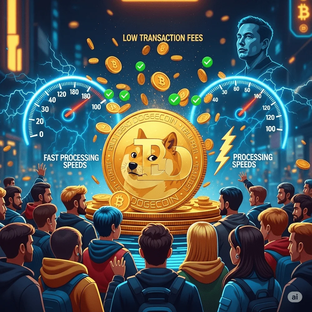 Dogecoin Shiba Inu coin with icons showing speed, low fees, strong community, and Elon Musk support in a digital background 