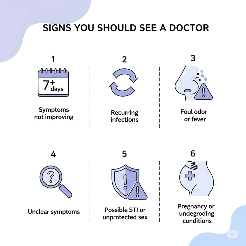 “Infographic with icons showing six signs to see a doctor for vaginal health concerns on a pastel medical background.”