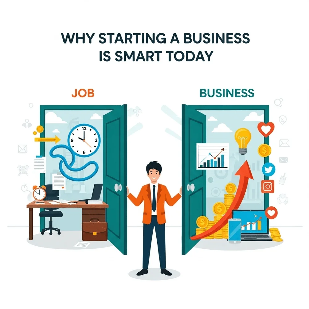 "Illustration of a person choosing between a job and starting a business, with icons showing flexibility, income growth, digital tools, and personal fulfillment."