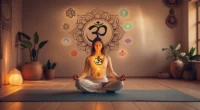 A peaceful yoga studio featuring Yoga Symbols and Meanings like Om, lotus, mandala, and chakras, symbolizing spiritual connection and inner peace.