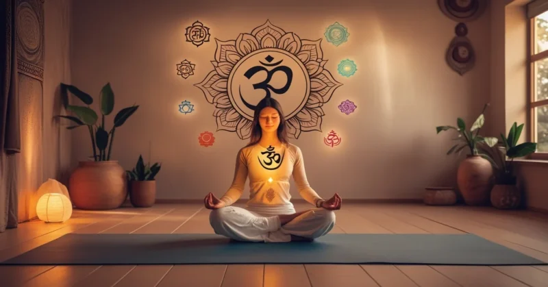 A peaceful yoga studio featuring Yoga Symbols and Meanings like Om, lotus, mandala, and chakras, symbolizing spiritual connection and inner peace.