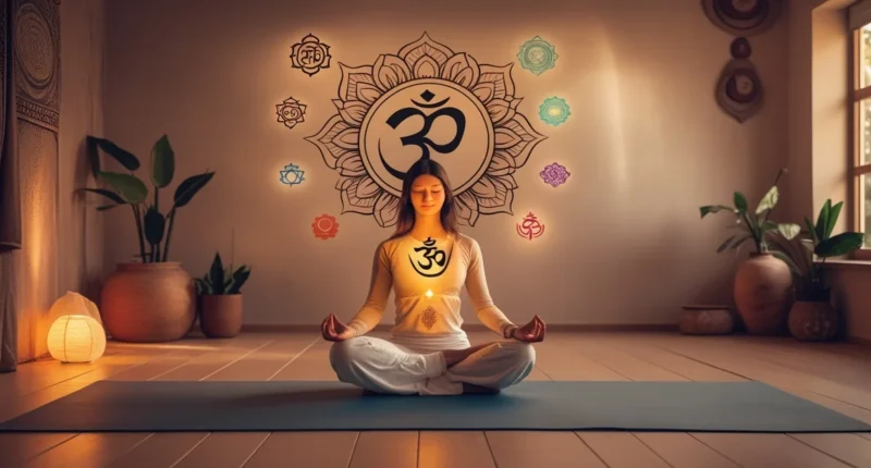 A peaceful yoga studio featuring Yoga Symbols and Meanings like Om, lotus, mandala, and chakras, symbolizing spiritual connection and inner peace.