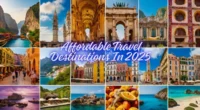 Collage of affordable travel destinations for 2025 with scenic views, cultural landmarks, street food, and happy budget travelers.