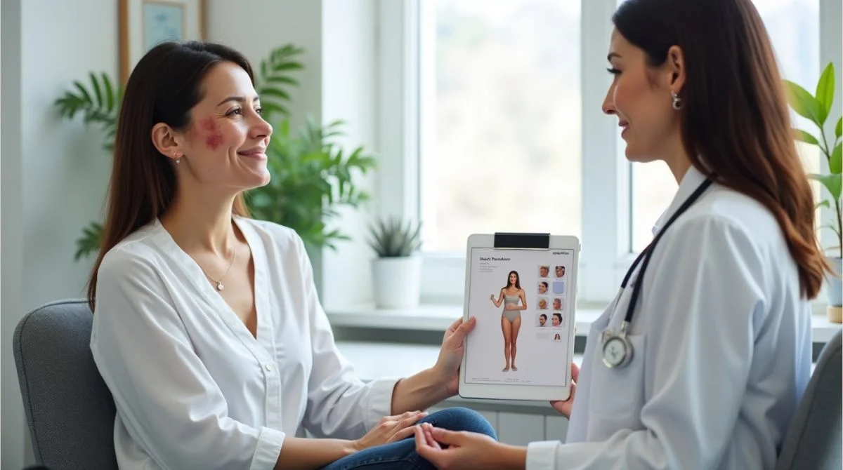 Woman consulting a dermatologist about skin concerns in a clinical setting.