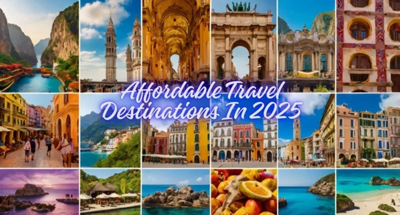 Collage of affordable travel destinations for 2025 with scenic views, cultural landmarks, street food, and happy budget travelers.