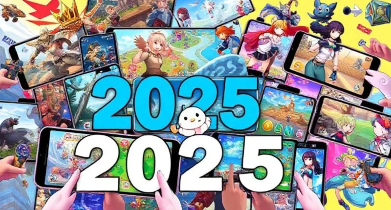 A colorful collage of 2025’s trending mobile games showing action, fantasy, dress-up, and casual scenes on smartphones.