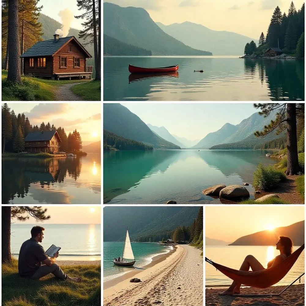 Collage of peaceful forest, misty mountains, quiet beach, small town, and island escape scenes for a weekend getaway.