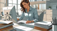 A compliance caseworker at HMRC reviewing tax records at their desk in a professional office setting.