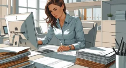 A compliance caseworker at HMRC reviewing tax records at their desk in a professional office setting.