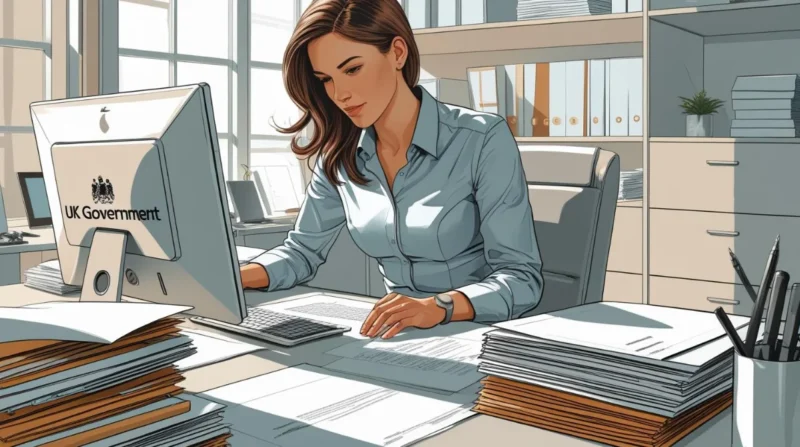 A compliance caseworker at HMRC reviewing tax records at their desk in a professional office setting.