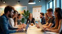 A multicultural group of entrepreneurs working on business ideas in a modern workspace, showing global creativity and teamwork.