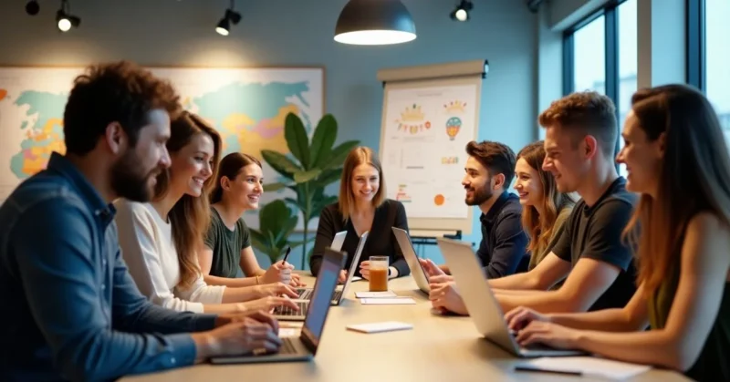 A multicultural group of entrepreneurs working on business ideas in a modern workspace, showing global creativity and teamwork.