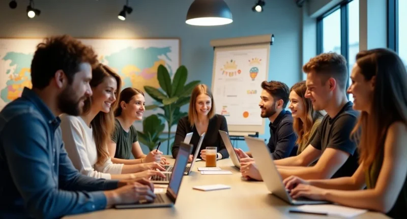 A multicultural group of entrepreneurs working on business ideas in a modern workspace, showing global creativity and teamwork.