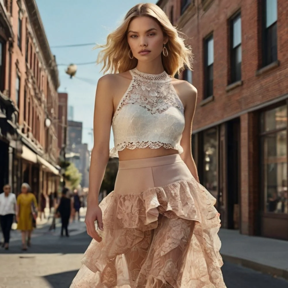 Delicate layers like sheer organza, lace camis, and eyelet overlays add romance and textural intrigue without feeling stuffy.