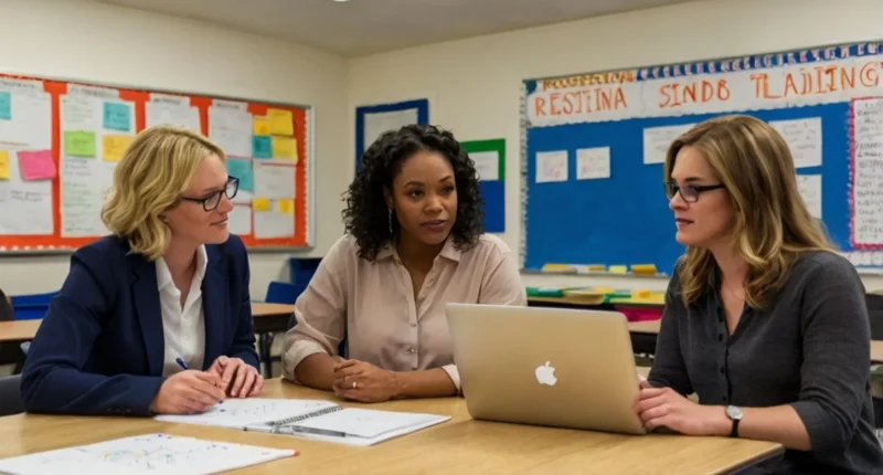 Teachers collaborating during a Professional Learning Cycle meeting, discussing lesson plans