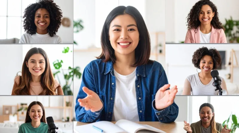 Collage of top YouTubers sharing life-changing advice in their creative spaces, with symbols of growth, mindfulness, and motivation.