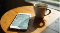 Phone displaying NYT Connections puzzle with a coffee cup beside it