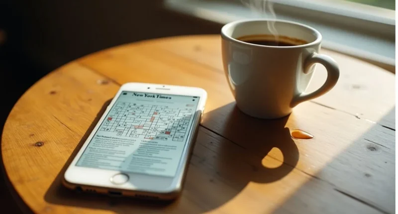 Phone displaying NYT Connections puzzle with a coffee cup beside it