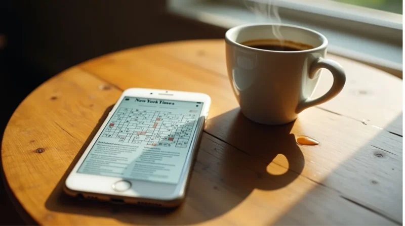 Phone displaying NYT Connections puzzle with a coffee cup beside it