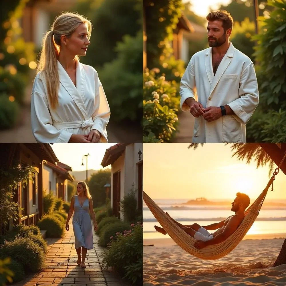 Collage showing spa relaxation, country yard, small town street, and island beach escape for a peaceful weekend getaway.