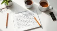 A half-solved Sudoku puzzle with pencil marks, a sharpened pencil, and a coffee cup on a desk setup, symbolizing focused problem-solving.