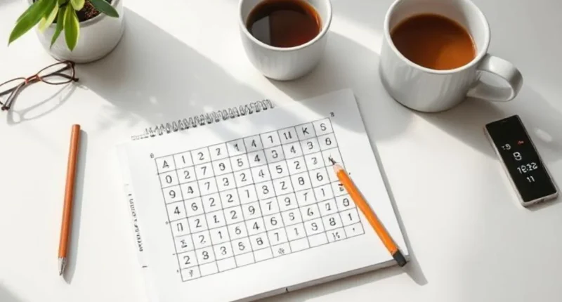 A half-solved Sudoku puzzle with pencil marks, a sharpened pencil, and a coffee cup on a desk setup, symbolizing focused problem-solving.