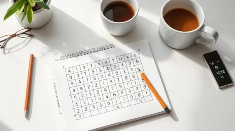 A half-solved Sudoku puzzle with pencil marks, a sharpened pencil, and a coffee cup on a desk setup, symbolizing focused problem-solving.