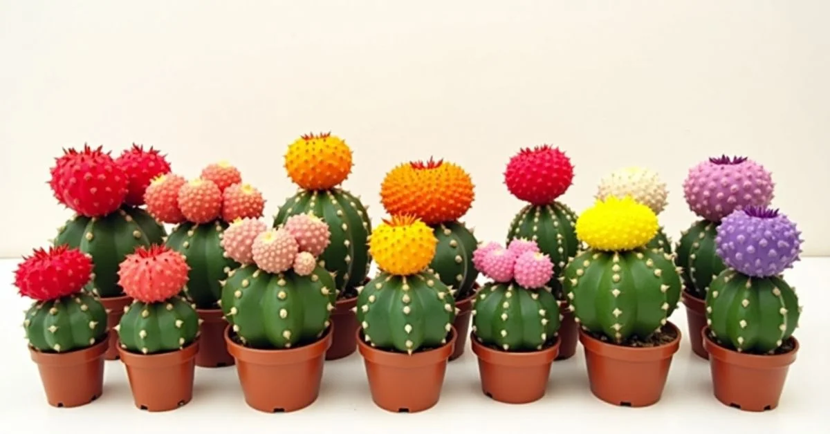 Various colorful moon cactus types in small pots, featuring red, orange, pink, yellow, and purple tops.