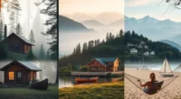A peaceful weekend getaway collage showing a forest cabin, calm lake, quiet beach village, and person relaxing in nature.