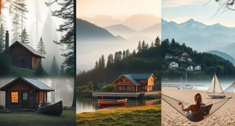 A peaceful weekend getaway collage showing a forest cabin, calm lake, quiet beach village, and person relaxing in nature.
