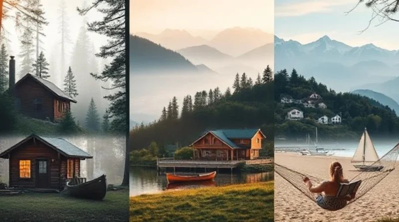 A peaceful weekend getaway collage showing a forest cabin, calm lake, quiet beach village, and person relaxing in nature.