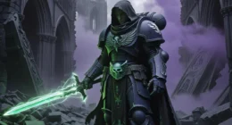 A mysterious robed Space Marine standing in a ruined city, holding a sword with glowing runes — symbolizing Zahariel or Cypher in Warhammer 40K