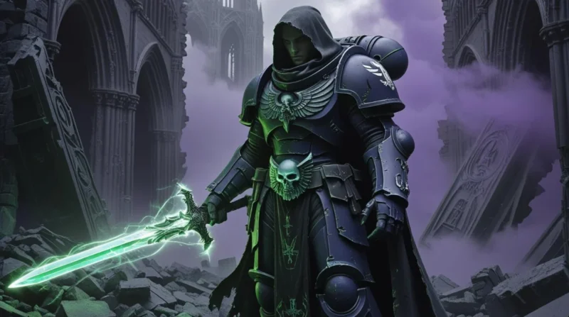 A mysterious robed Space Marine standing in a ruined city, holding a sword with glowing runes — symbolizing Zahariel or Cypher in Warhammer 40K