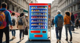 A vending machine installed in a busy public area with people walking by and interacting with it.