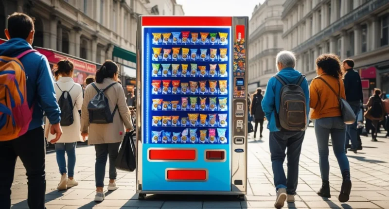 A vending machine installed in a busy public area with people walking by and interacting with it.