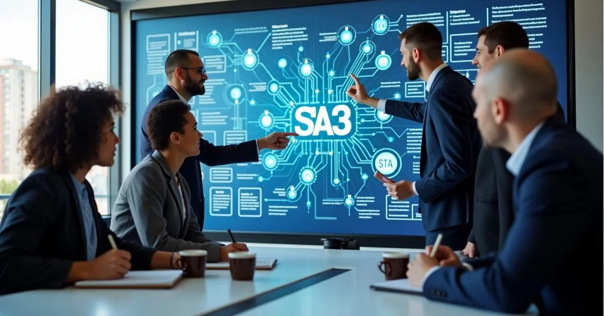 Team working on SOA OS23 governance setup on digital board