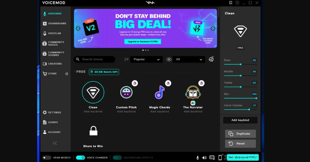 Voicemod Free version showing daily voice effects and limited sound slots