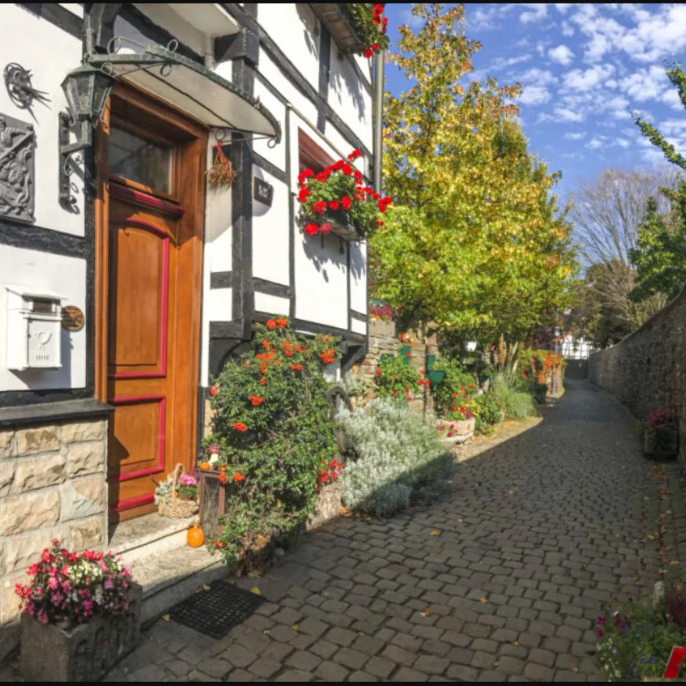 Narrow street with half-timbered houses in Hattingen Old Town