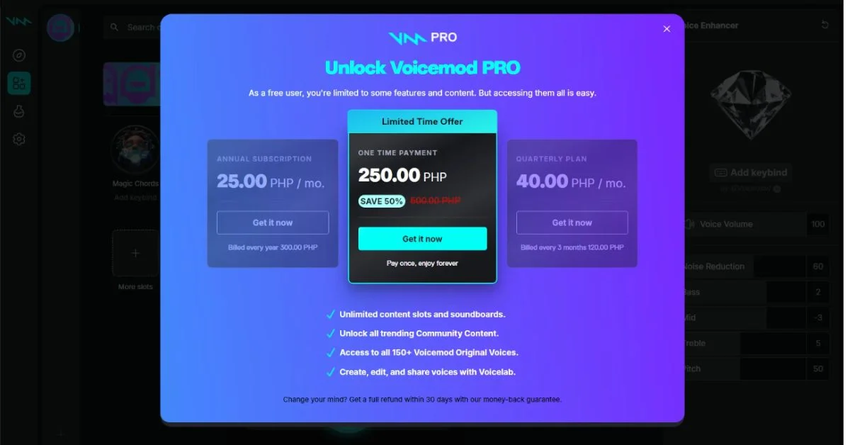 Pricing plans for Voicemod Pro including monthly, yearly, and lifetime license