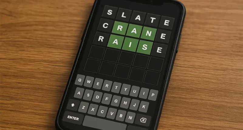 A smartphone screen showing a Wordle game with letter guesses highlighted.