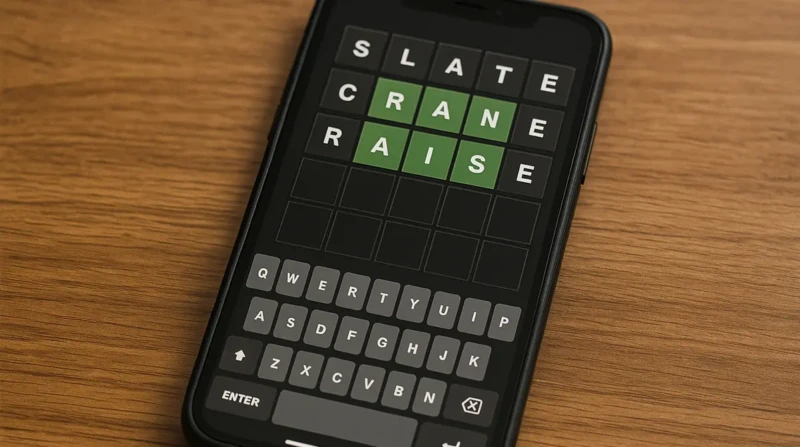 A smartphone screen showing a Wordle game with letter guesses highlighted.