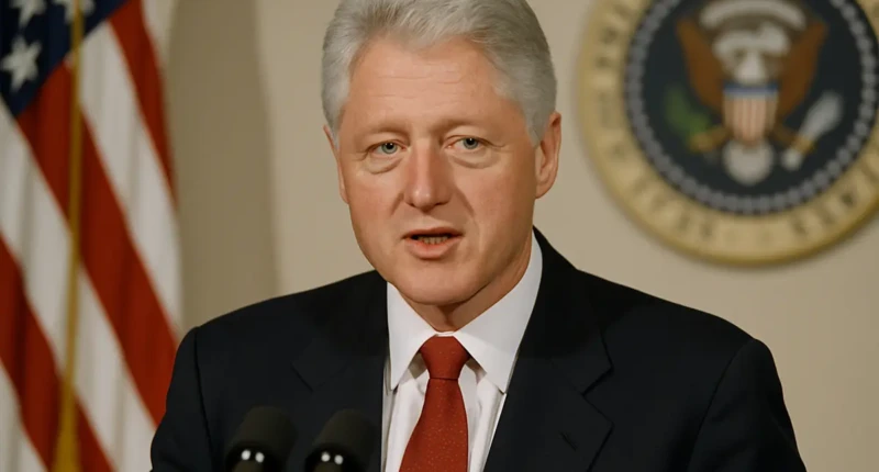 Bill Clinton speaking at a podium with the U.S. flag and presidential seal in the background.