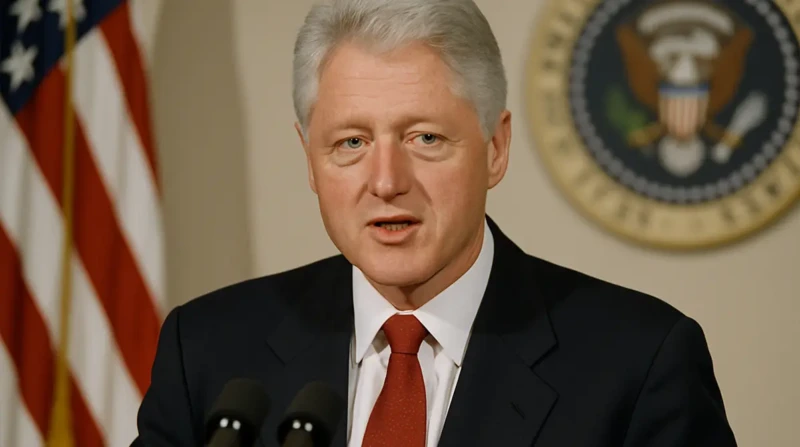 Bill Clinton speaking at a podium with the U.S. flag and presidential seal in the background.