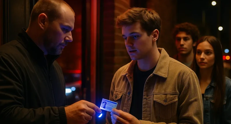 A bouncer checking a student’s ID under UV light at a nightclub entrance.