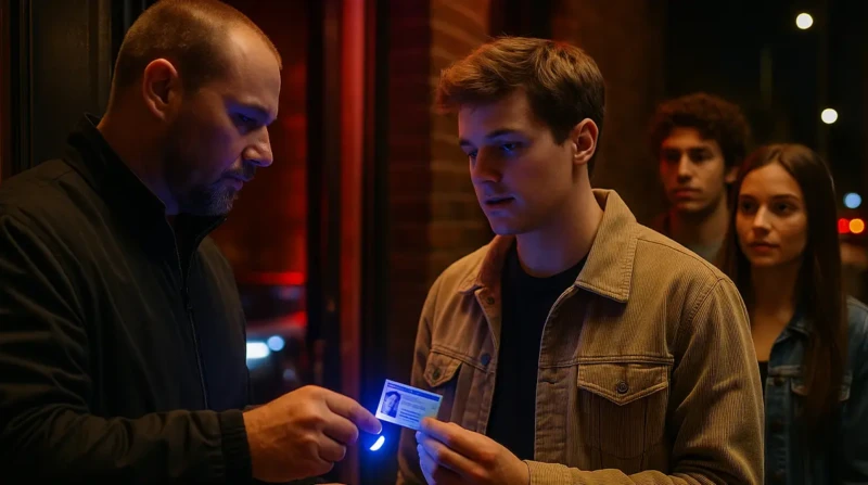A bouncer checking a student’s ID under UV light at a nightclub entrance.