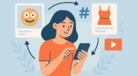 Illustration of a person scrolling on a phone surrounded by memes, hashtags, and fashion icons.