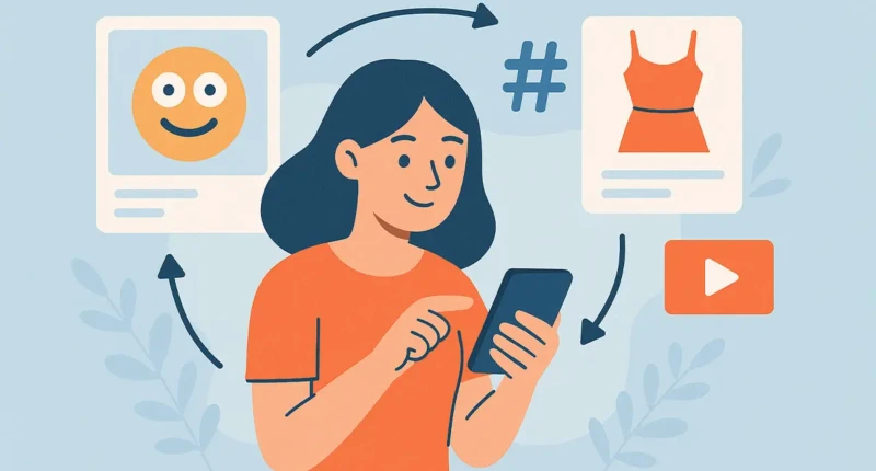 Illustration of a person scrolling on a phone surrounded by memes, hashtags, and fashion icons.