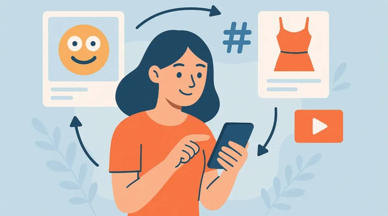 Illustration of a person scrolling on a phone surrounded by memes, hashtags, and fashion icons.