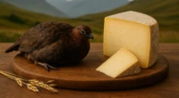 Grouse and artisan cheese on a wooden table with Scottish Highlands in the background.
