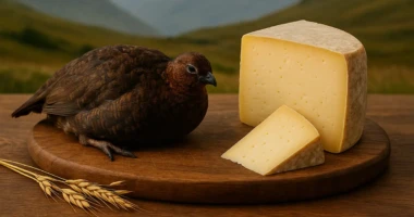 Grouse and artisan cheese on a wooden table with Scottish Highlands in the background.